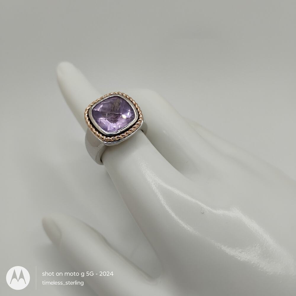 Amethyst Cushion Cut Set in Sterling Silver and 18k Gold Size 7.25 by QCD